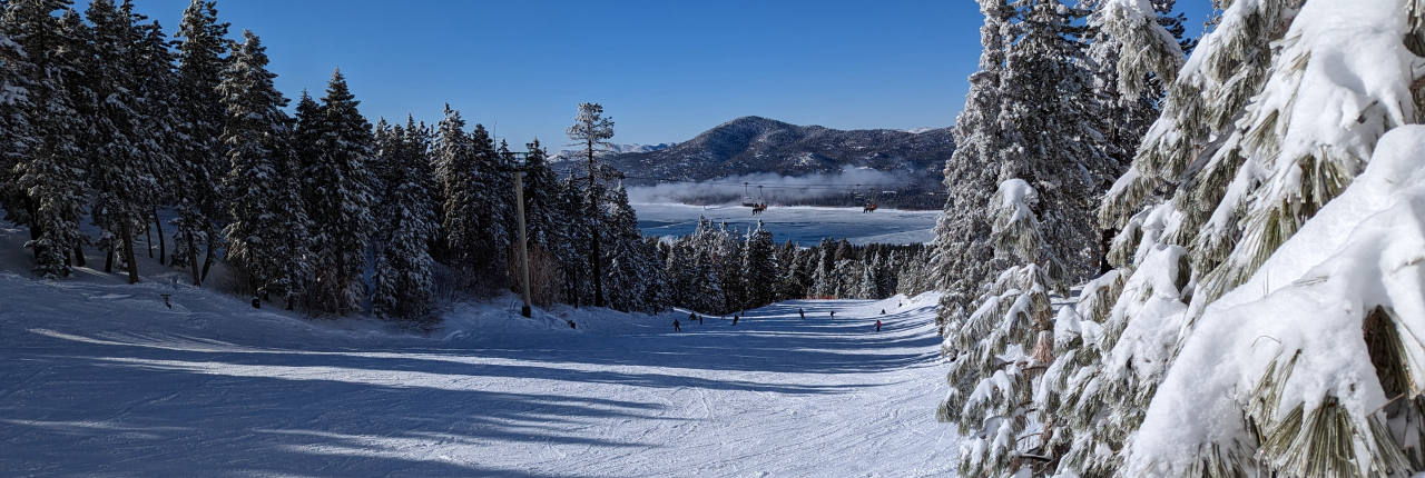 A groomed ski run between snow-laden pines, looking down toward the lake